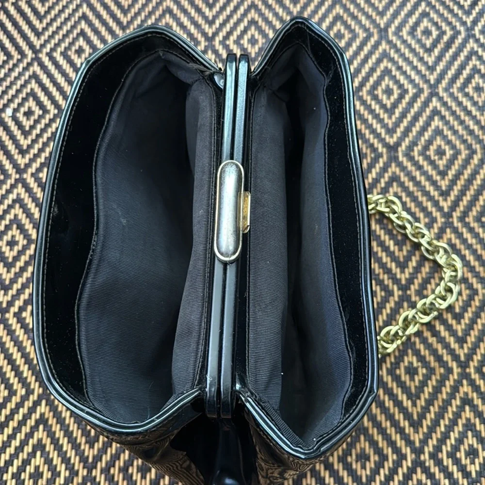 Vintage MEYERS Black Patent Leather Handbag with gold chain handles & clasp